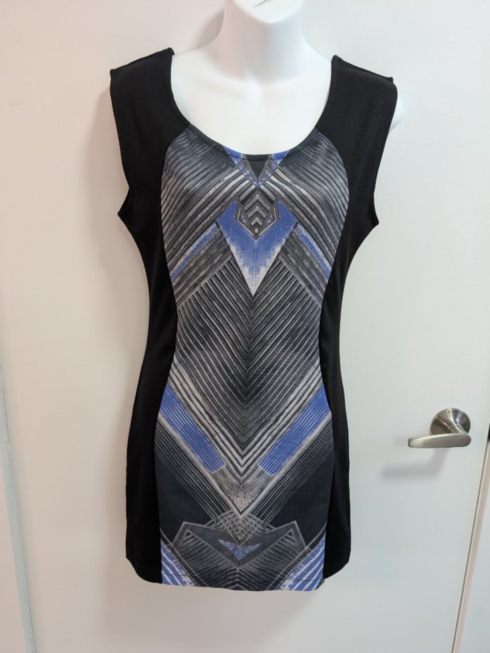 Sleeveless Mini Sheath Dress with Aztec-Style Print